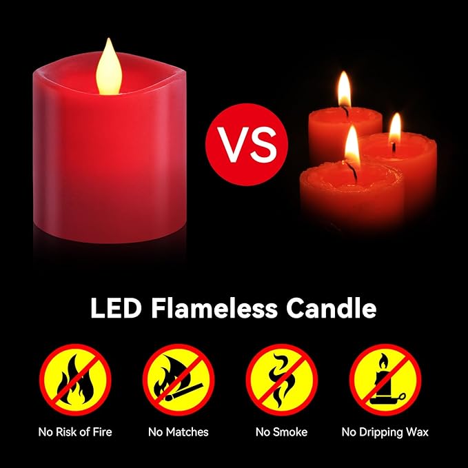 Red LED Pillar Candles 3x3 Inch - Battery Operated Flameless Candles with Remote Timer & Realistic Flickering Flame, 600+ Hours Lasting for Christmas Halloween Home Decor (1-Pack)