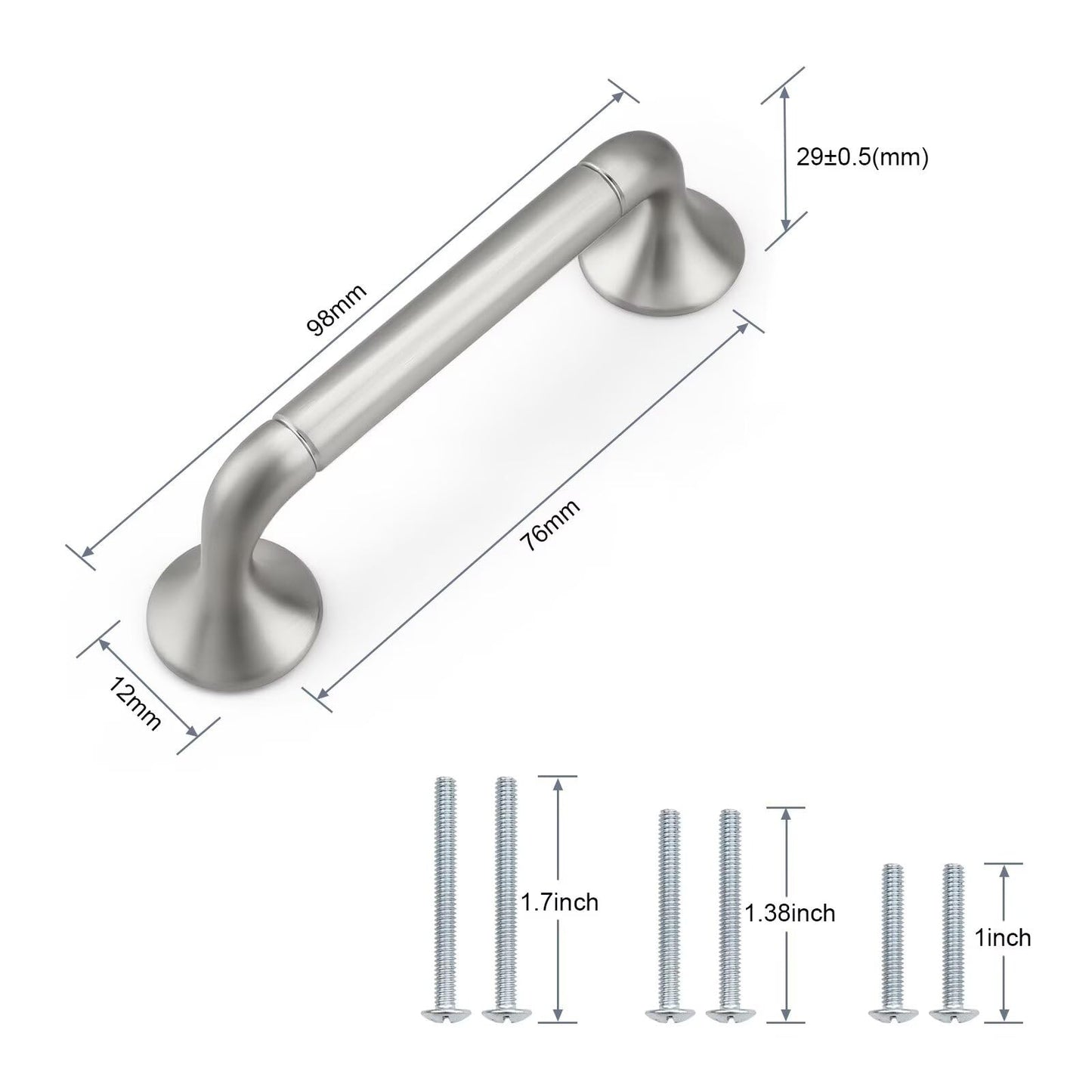 knobelite 5Pack Hole Centers 3inch/76mm Satin Nickel Kitchen Cabinet Handles Solid Zinc Alloy Brushed Nickel Cabinet Pulls Bow Handle for Home Furnitures Closet Cupboard and Drawer Total Length 98mm