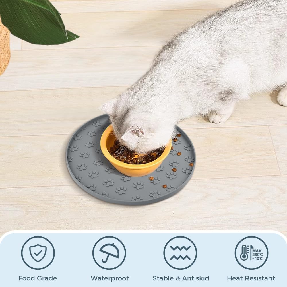 SUNLAND Silicone Dog Food Mat, Pet Feeding Mat for Food and Water, Waterproof Non-Slip Cat Feeding Bowl Mat with Raised Edge, Prevents Residue from Spilling onto The Floor Grey