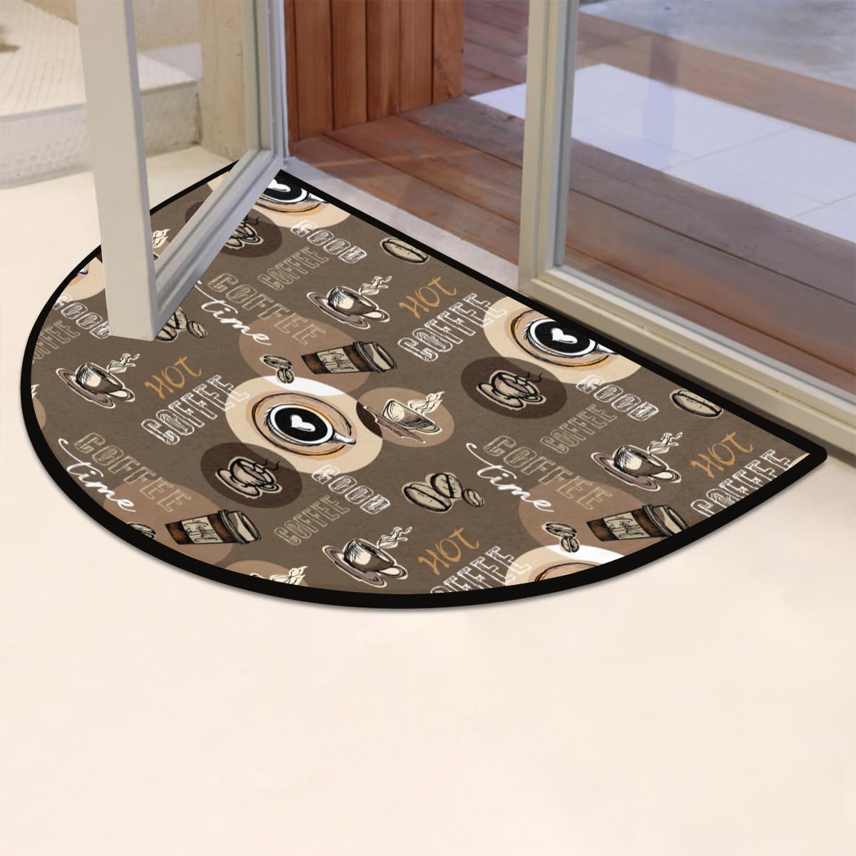 Aglebo Half Round Door Mat Coffee Theme Non-Slip Absorbent Welcome Doormats Washable Half Circle Area Rug for Home Indoor Entrance High Traffic Areas, 24" x 36"