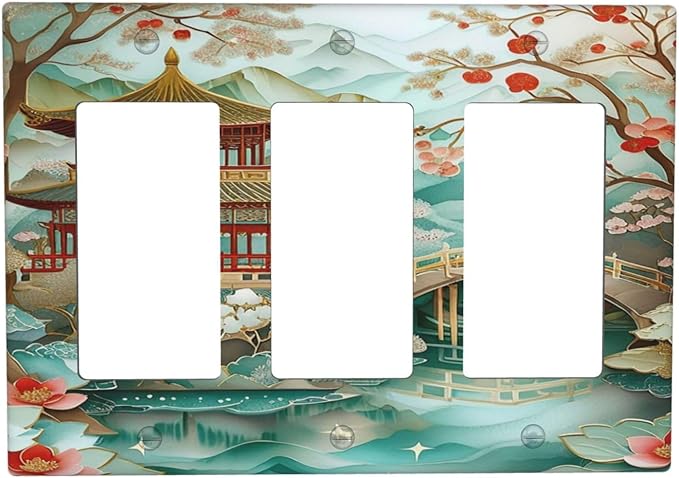 Asian Palace Traditional Bridge Cherry Blossoms 3 Gang Rocker Triple Outlet Wall Plate Decorative Switchplate Cover Faceplate GFCI Light Switch Covers for Farmhouse Living Decor