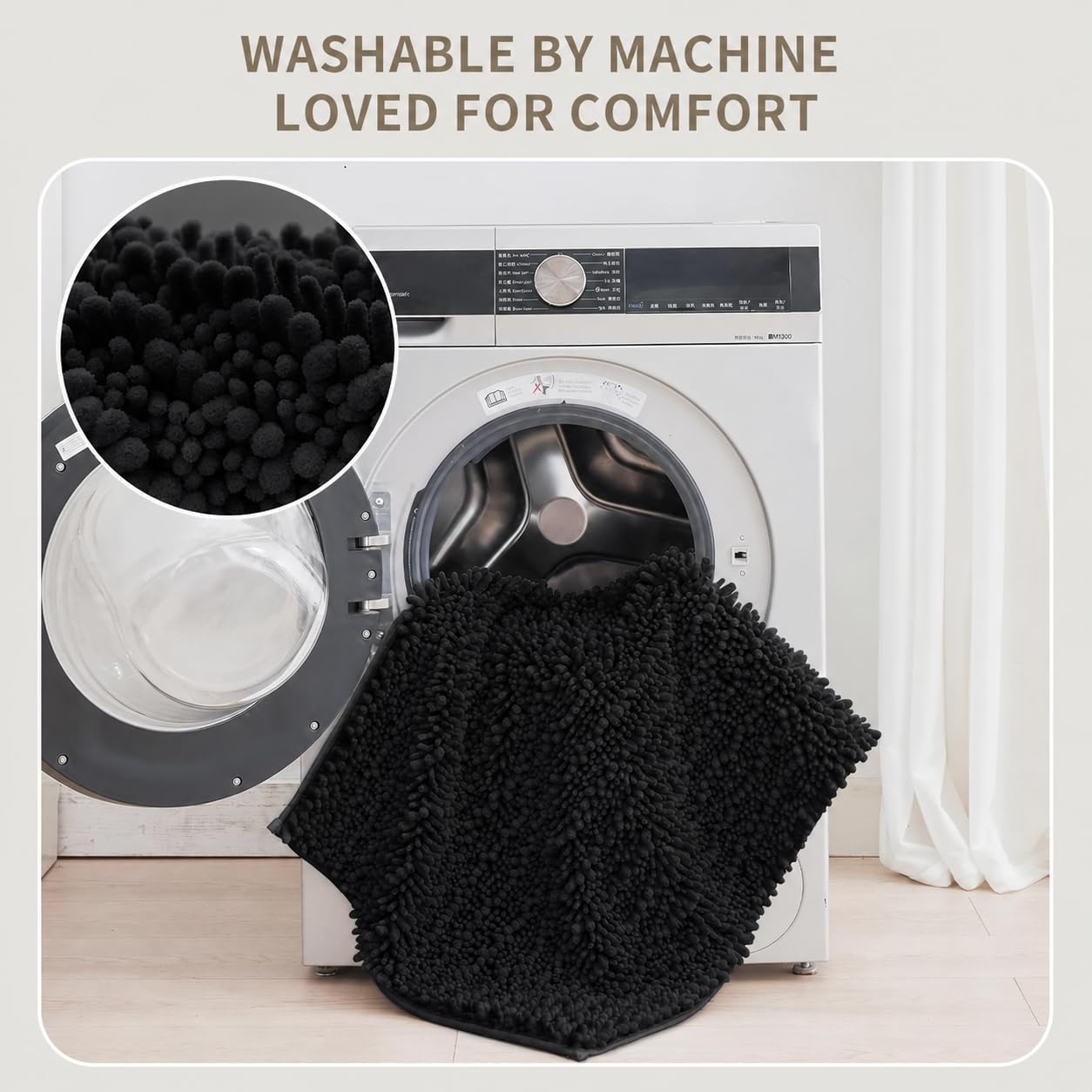 Ruggnovea Bathroom Rugs Non Slip Washable 32x20, Extra Thick Soft Chenille Absorbent Bath Mat, High Density Barrier Non Slip Backing, Quick Dry Plush Shaggy Floor Carpet for Tub&Shower, Black