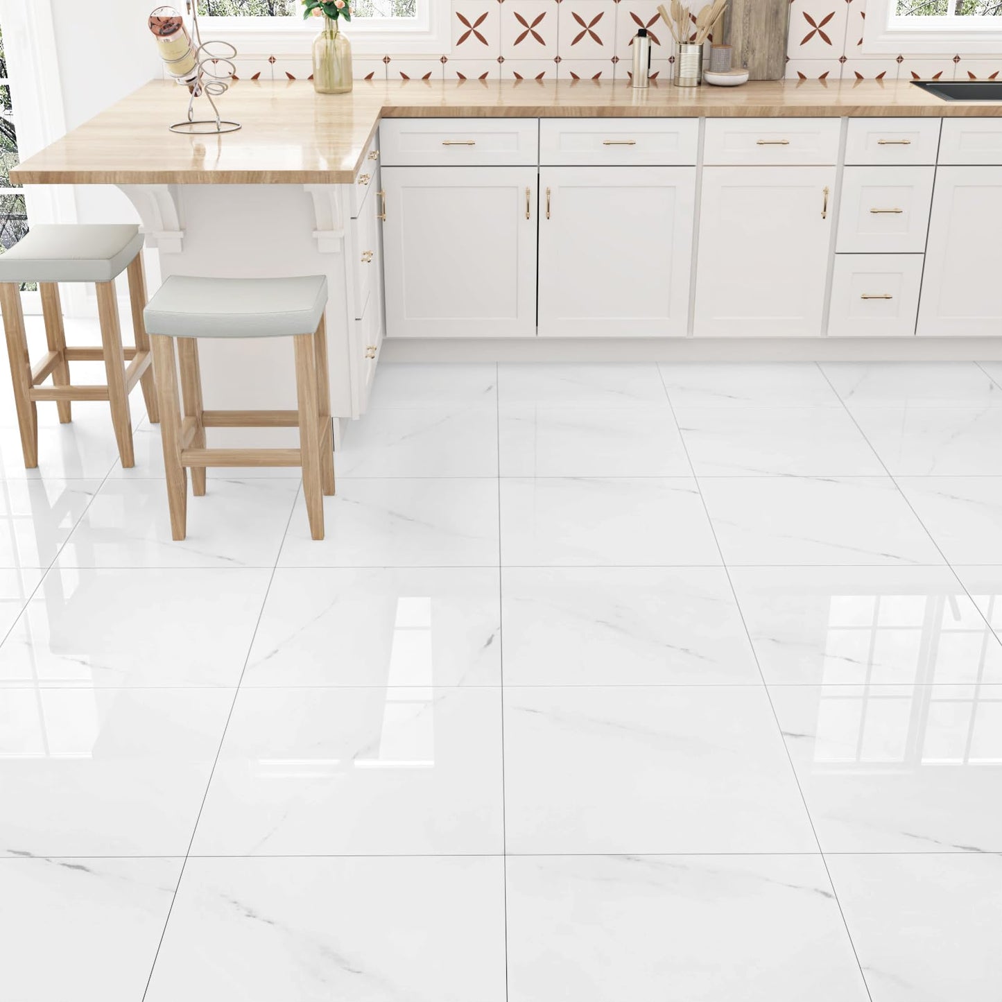 WESTICK 20 PCS Peel and Stick Floor Tile Bathroom Waterproof White Marble Vinyl Flooring Adhesive Vinyl Tiles Peel and Stick Floor Self Stick on Floor Tiles for Bedroom Kitchen Camper 12" x 12"
