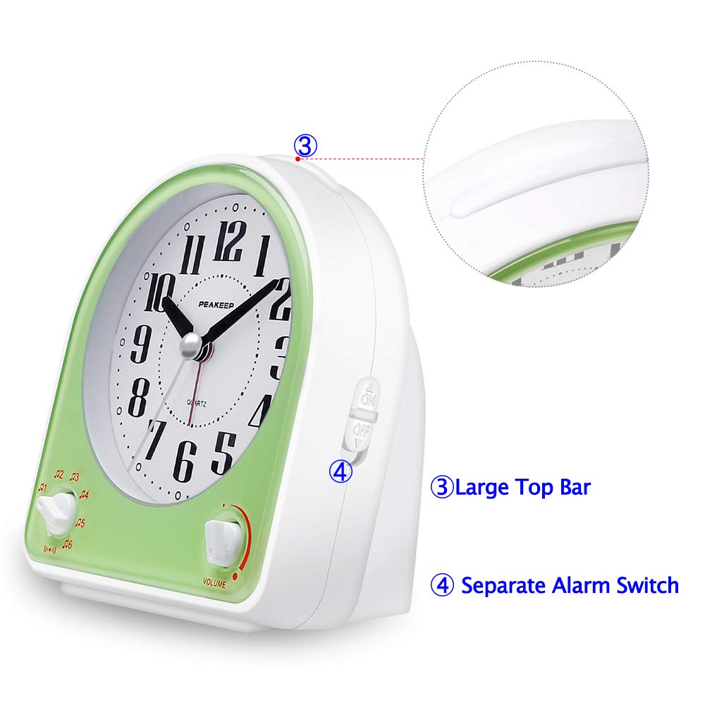 Peakeep Analog Alarm Clock Non-Ticking Silent, Optional 7 Wake-up Sounds with Volume Control, Nightlight and Snooze, AA Battery Operated (Green)