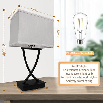 3-Way Dimmable Touch Control Medium Table Lamp with Type C/USB Charging Port and 1 AC Outlet White Shade 21.38" Bedside Nightstand Lamp for Bedroom Living Room Office and Hotel Bulb Included
