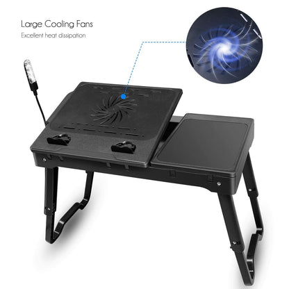 Moclever Laptop Bed Stand – Adjustable Laptop Table with Cooling Fan, Foldable Laptop Desk with USB Hub, LED Light & Storage – Multi-Functional Computer Tray for Bed, Sofa, Home, and Office