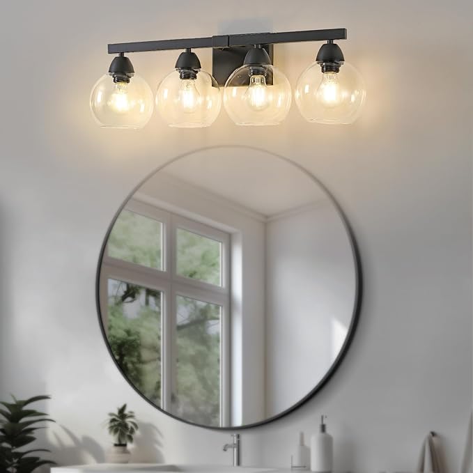 4-Light Bathroom Vanity Light, Matte Black Wall Sconce with Hand-Crafted Thick Glass Shades, High Transparency & Few Flaws, Perfect for Mirror, Bedroom, Hallway