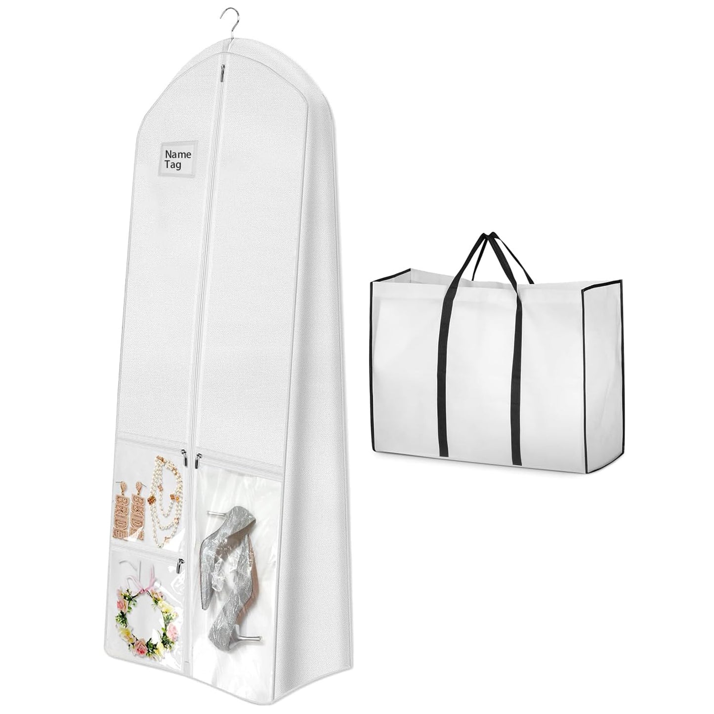 72" Wedding Dress Garment Bag with Bride Tote Bag 10'' Gusseted Dress Bags for Gowns Long 4 Pockets Dress Bag Garment Storage Cover for Women, White