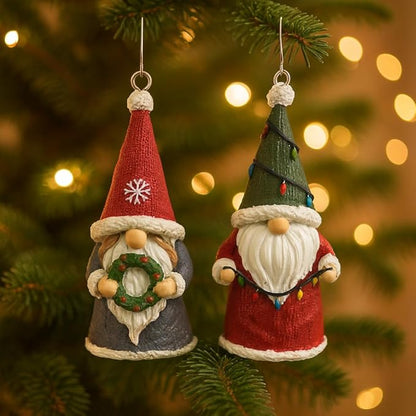 2-Pack Christmas Gnomes Hanging Ornaments, Hand-Painted Resin Decorations with Elastic Hanging Cord Lightweight Scandinavian Xmas Ornaments for Christmas Tree, Mantel & Gifts (Gnomes)