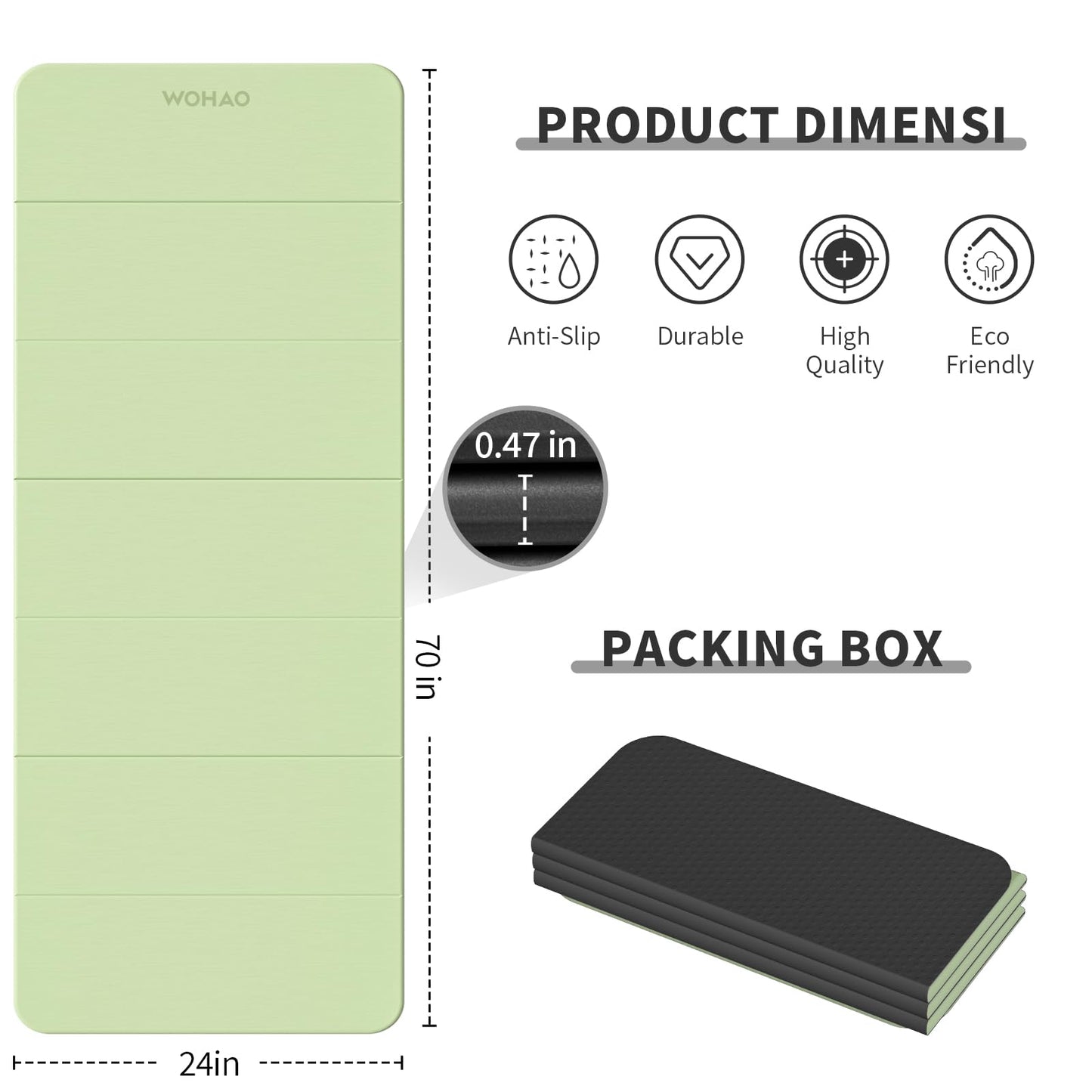 WOHAO Foldable Yoga Mat 70"x24" - Thickened TPE Non-Slip Exercise Mat for Home, Gym & Travel, Lightweight & Easy to Carry, Supports Pilates, Hot Yoga & Floor Workouts (Grass Green + Black)