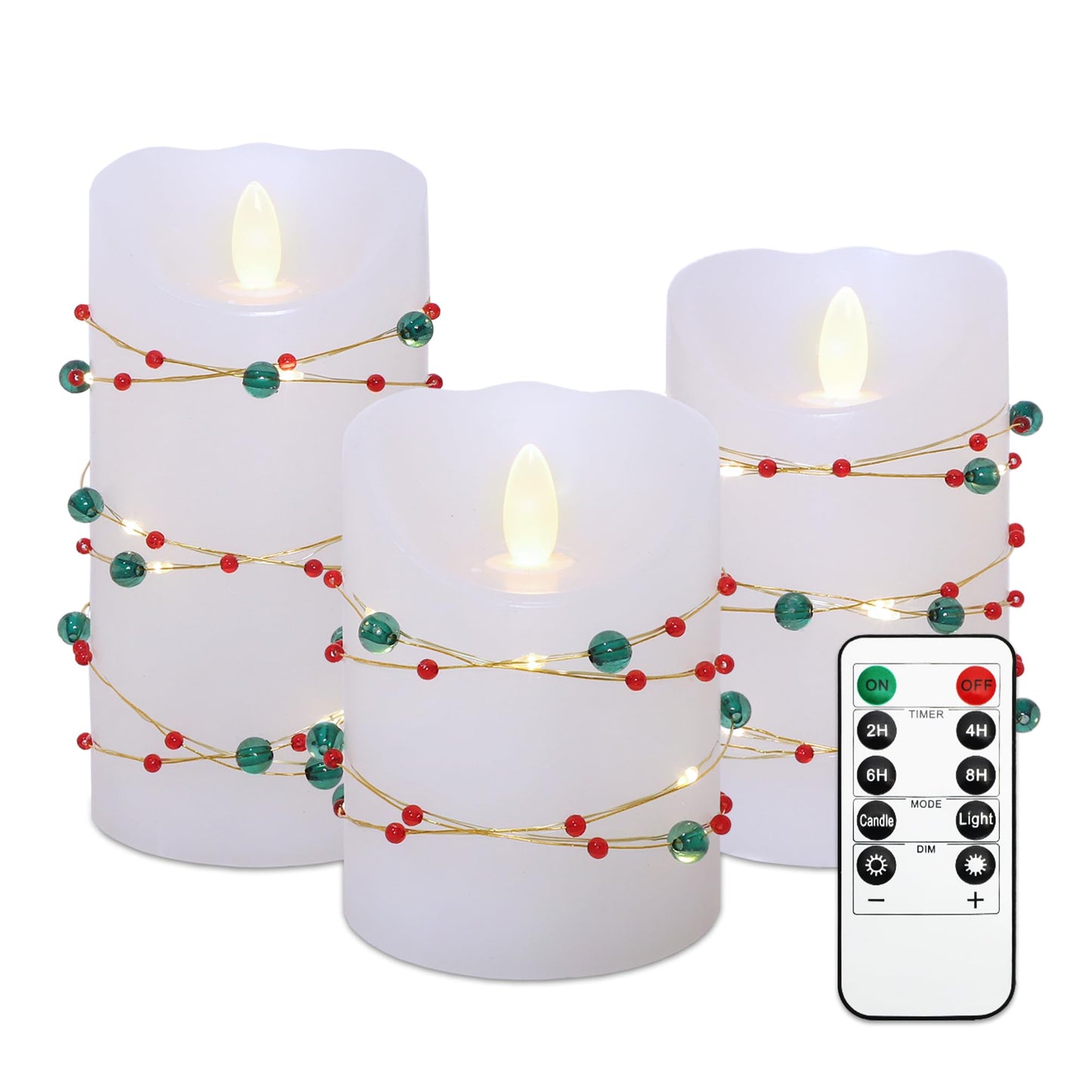 Flameless Candles with Red Green Beads String Lights - Real Wax Christmas Decor Battery Operated Candles with Remote & Timer- Home Party Bedroom Holiday Valentine's Day Decorations - Set of 3