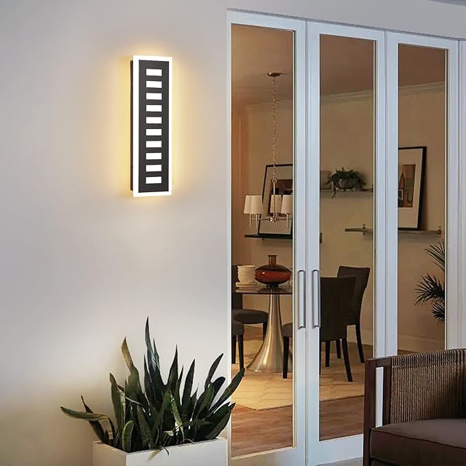 Outdoor Wall Light LED 18W Long 11.8in - Black Metal Waterproof Modern Exterior Lighting Fixture,3-Color Changeable,Frosted Acrylic Porch Sconce,for Patio,Garage,Courtyard