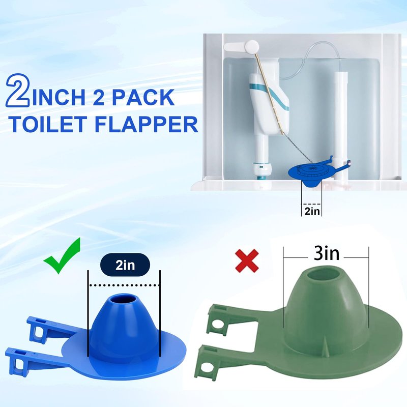2-Inch Toilet Flapper Replacement Kit Compatible with Most Kohler, American Standard, TOTO & Standard 2″ Flush Valves, High Performance Rubber with Stainless Steel Chain, Easy Install (2 Pack, Blue)