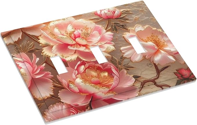 Pink Blooming Flowers Peonies Floral Light Switch Covers 3 Gang Triple Toggle Wall Plate Decorative Switch plate Electrical Faceplate for Farmhouse Living Decor