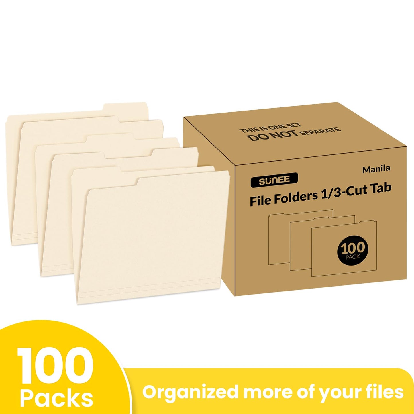 SUNEE Manilla Folders Letter Size (8.5 x 11 inches),100 Per Box, 1/3 Cut Tab for Easy Labeling and Organization, Durable Standard Paper for Home, Office, School Filing
