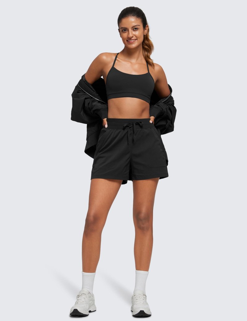 CRZ YOGA Lightweight Casual Shorts for Women 3.5" - High Waisted Linerless for Athletic Lounge Hiking with Zip Pockets Black Medium