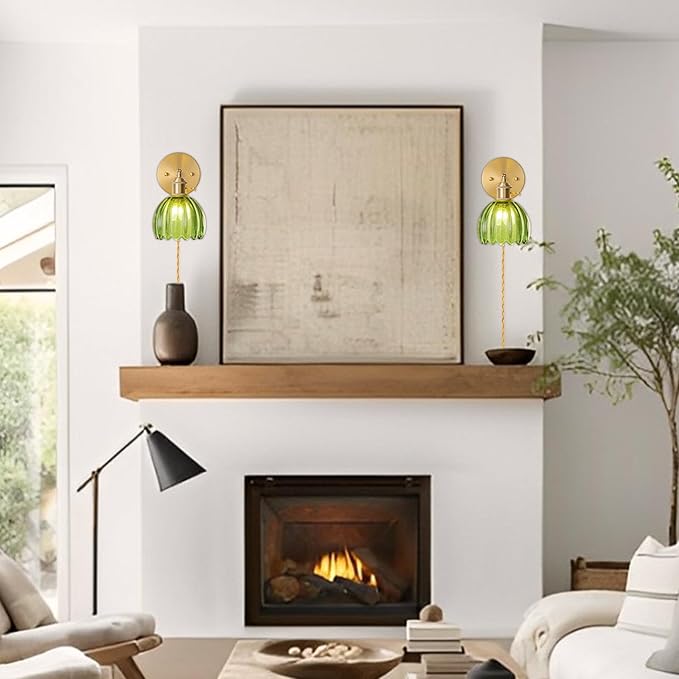 Plug in Wall Sconces Set of 2, Vintage Wall Sconce Light with Tulip Green Glass Lampshade, 180° Adjustable Wall Sconce with Switch and Plug in wall lamp Cord, Gold Wall Light Wall Decor Set of 2