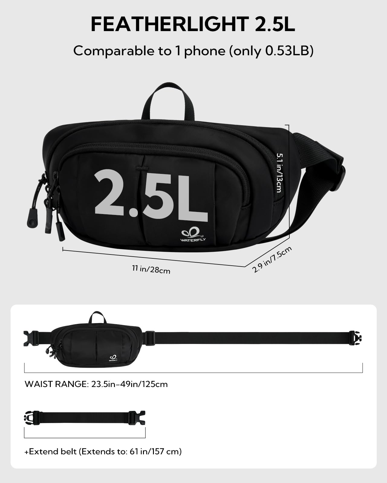 WATERFLY Large RFID Fanny Pack: 2.5L Crossbody Waist Packs for Woman Man with Extender Strap 4-Zipper Pockets Lightweight Hip Pack for Traveling Shopping Walking Hiking