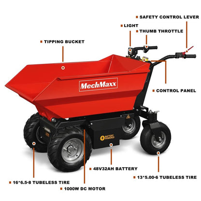 MechMaxx 1100Lb Loading 48V Battery Powered Wheel Barrow Electric Dumper Cart with 30W Light, Hydraulic Tipping, 1000W Brushless DC Motor, LED Display Screen, Model EH50 Red