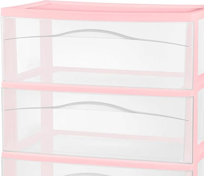 Sterilite 2 Pack Wide 3 Drawer Storage Cart, Rolling Organization, Pink | Clear Plastic Organizer Drawers with Wheels for Craft Supplies, Bath Essentials, or Home Accessories