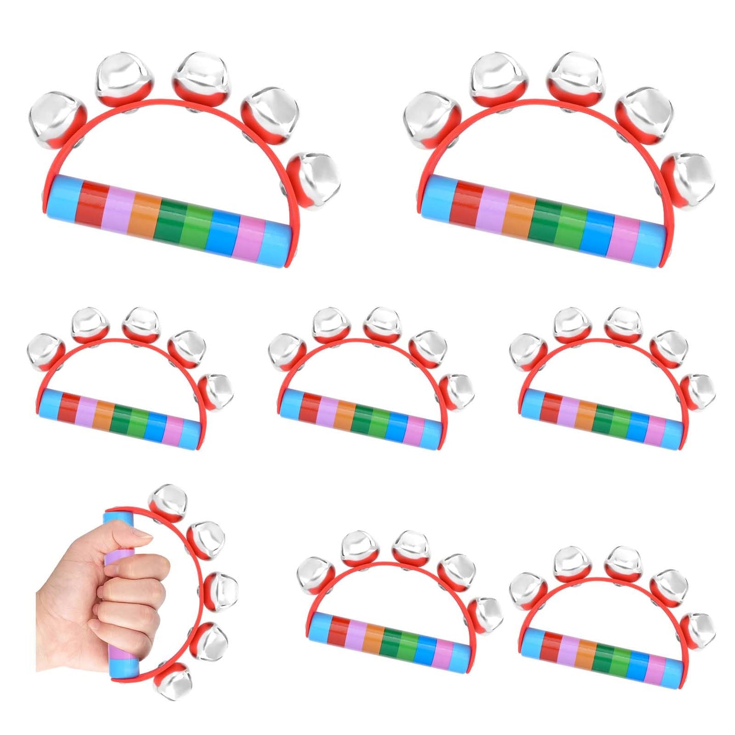 Bouiexye 8 Pcs Christmas Hand Bells for Kids Wooden Sleigh Bells with Red Handle for Classroom Christmas Party School Band Performance (Rainbow Color)