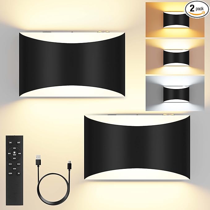 FOLKSMATE Battery Operated Wall Sconces Set of 2, 8000mAh Rechargeable Wireless Remote & Touch Control Wall Lamps, 3 Color Temperatures, Timer Cordless Dimmable Light for Bedroom, Living Room, Hallway