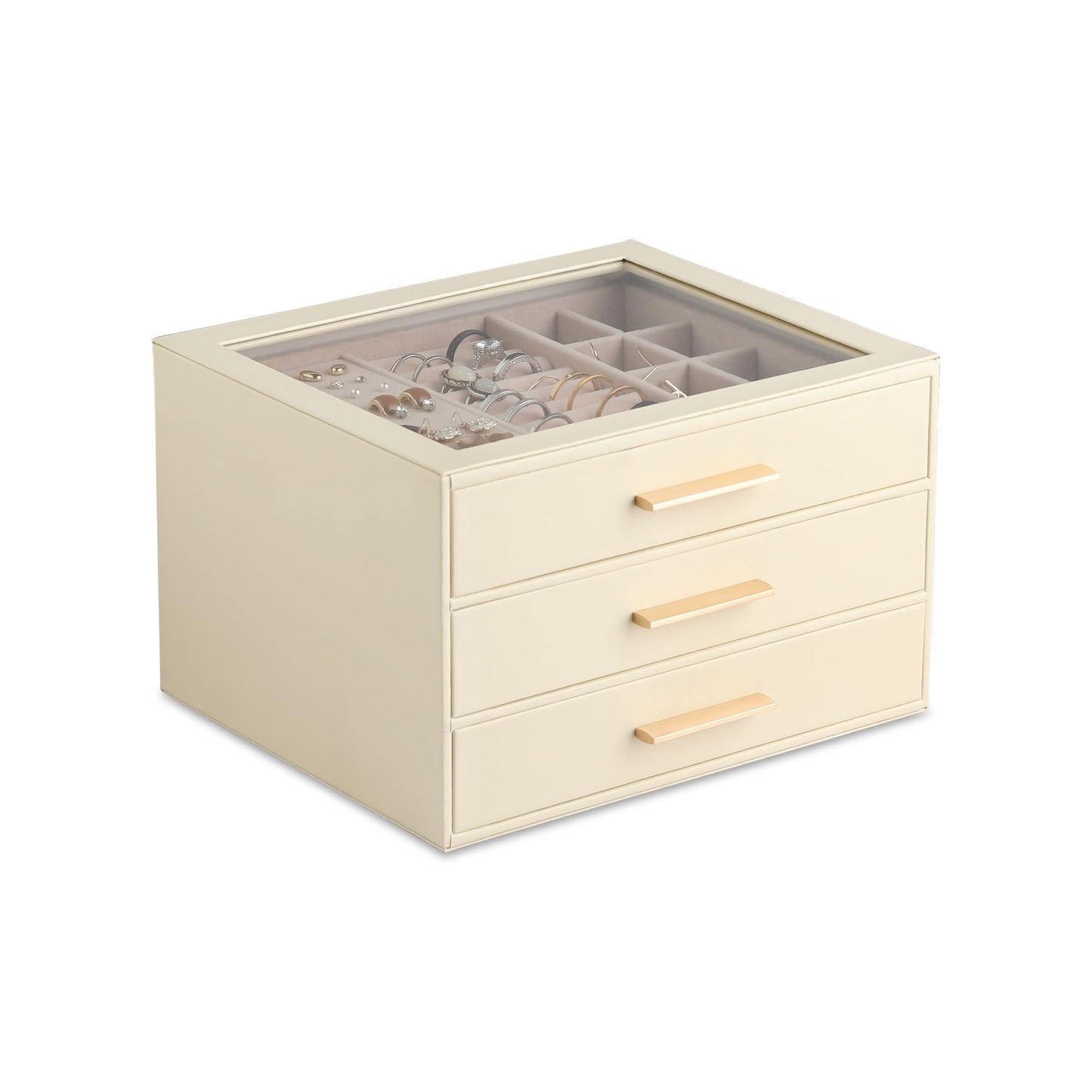 Frebeauty Clear Lid Jewelry Box,3-Layer Jewelry Organizer with Drawer,PU Leather Jewelry Organizers and Storage,Jewelry Boxes for Women,Jewelry Storage for Rings Earring Stud,Gift for Women(Beige)