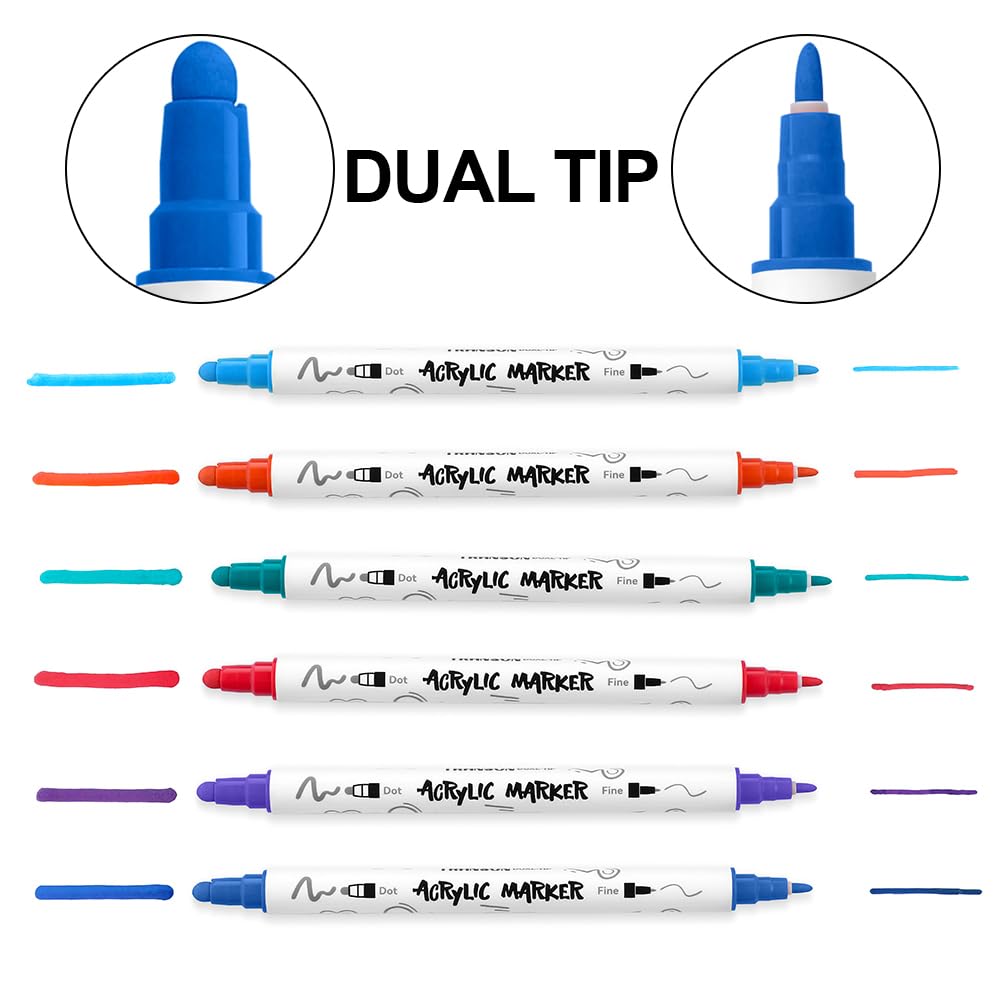 TRANSON 24 Color Bold and Fine Dual-tip Acrylic Paint Pen Set for Canvas Rock Wood Leather Ceramic DIY Painting