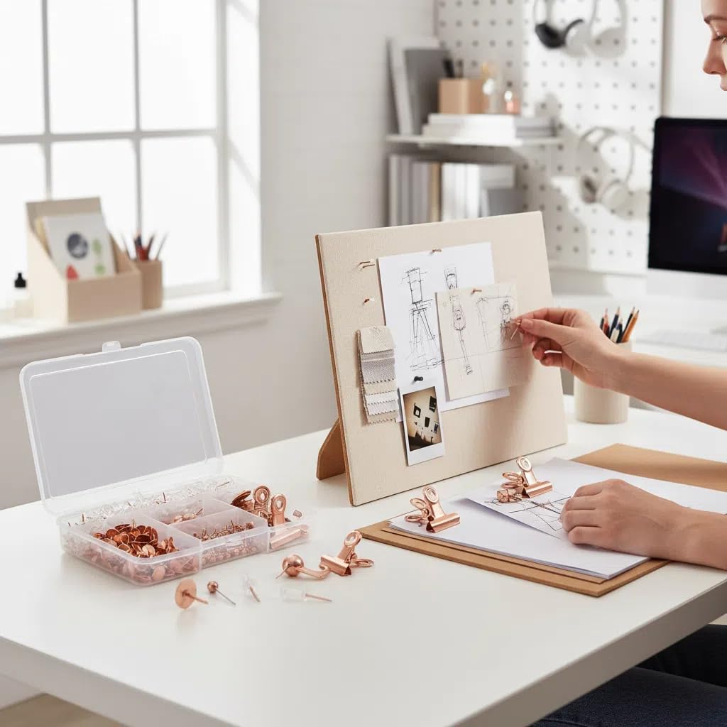 310 Piece Rose Gold Push Pin Set with 5 Styles - Decorative Thumb Tacks, Map Tacks, Clips & Hooks for Bulletin Boards, Office & Home Organization - Durable Plastic Storage Box Included（Rose Gold）