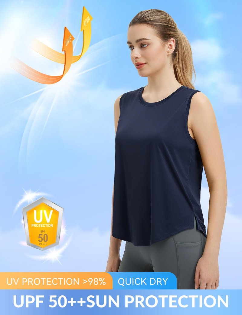 baleaf Women's Sleeveless Workout Tops Athletic Racerback Tank Top High Neck Yoga Running Shirts Loose Fit Gym Tennis Navy Blue M