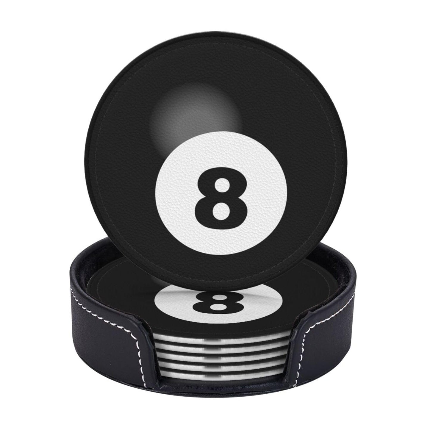 BOXIMIAO Drink Coasters with Holder Stand Set of 6, Billiard Ball Black 8 Pu Leather Absorbent Coasters with Cork Base Table Coaster Round Coasters for Housewarming Apartment Kitchen Bar Decor