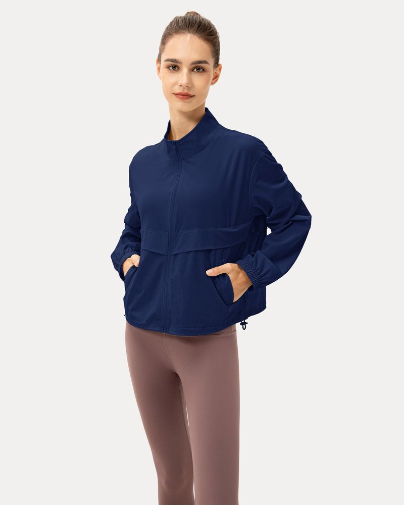 Locachy Women's Lightweight Zip Up Athletic Jacket Stand Collar Windproof Sun Protection Workout Outdoor Jacket Navy L