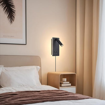 LED Reading Light Wall Mounted Lamp with 3 Brightness Dimmable & USB C+A Ports, Black Bedside Wall Lamps for Bedroom, Wall Sconce with Switch, Bed Lights for Headboard, Hotel, Bunk Bed, Dorm