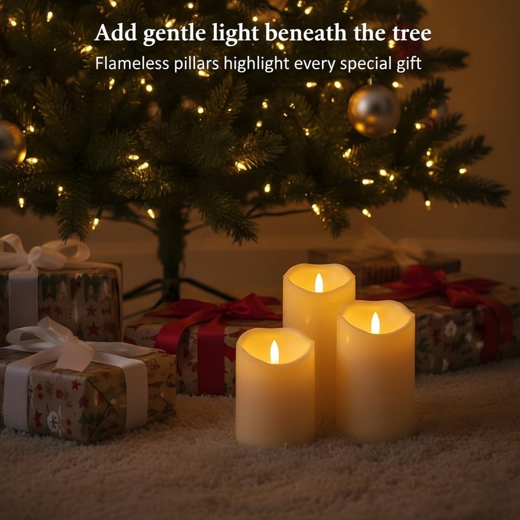 ANGELLOONG Flickering Flameless Candles with Remote, Battery Operated Fake Candles with Timer, Realistic LED Electric Pillar Candles for Home Wedding Birthday Christmas Decor, Set of 3