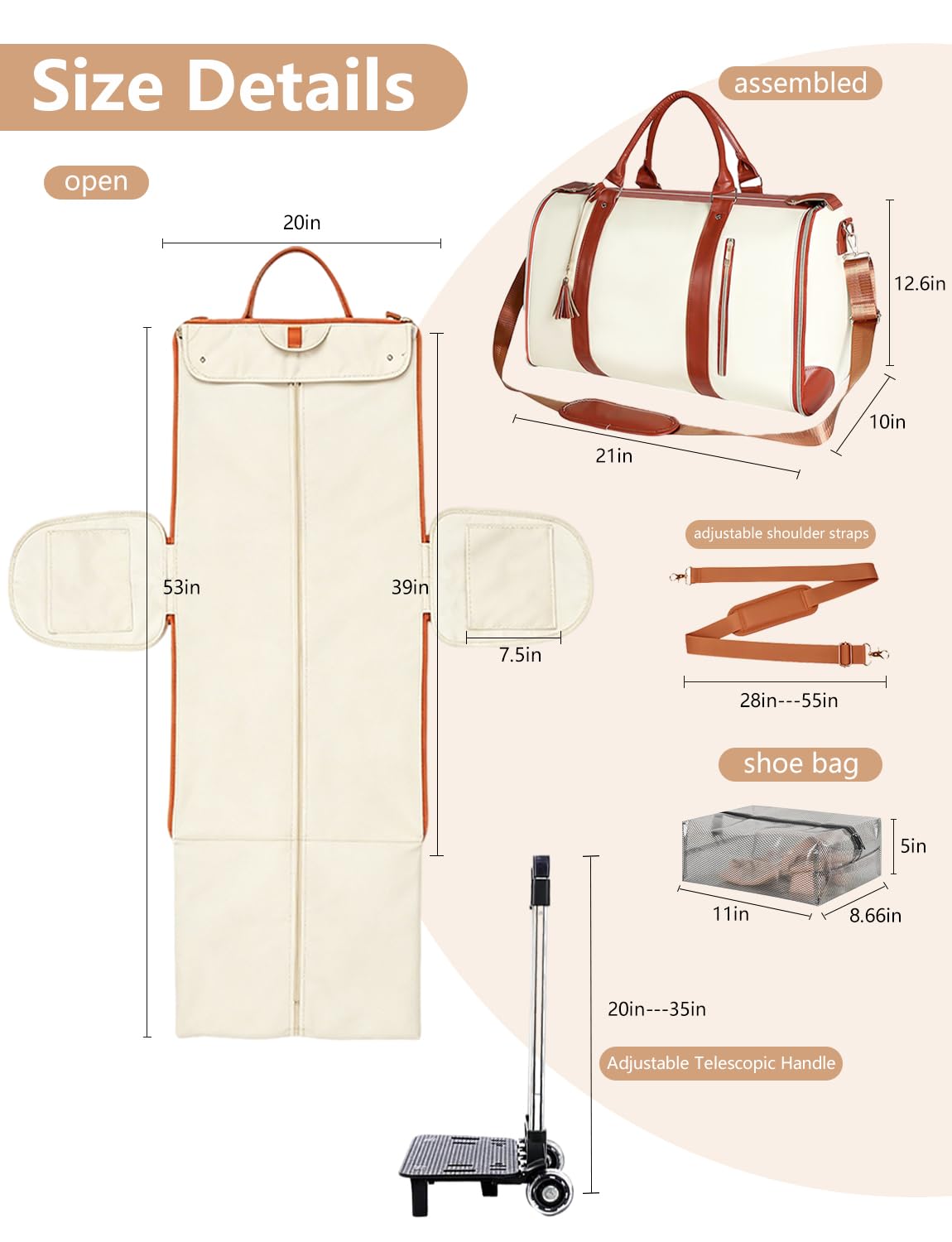 BSAKG 3 in 1 Convertible Garment Duffle Bags for Travel 45L Smooth Zipper Rolling Duffle Bag With Wheels Waterproof Carry On Duffle Bag for Men&Women with Weekends Weddings Business Short Trips Beige