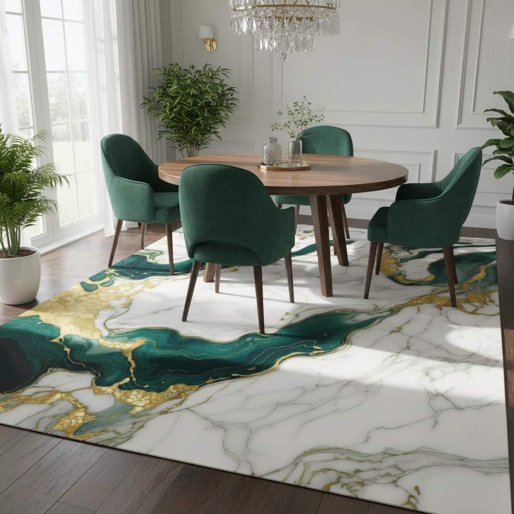 Marble Swirl Modern Abstract Emerald Green Grey Gold Area Rug for Living Room Bedroom Ultra Soft Wool Carpet Under Dining Table Lux Aesthetic Home Office Carpets 5x7