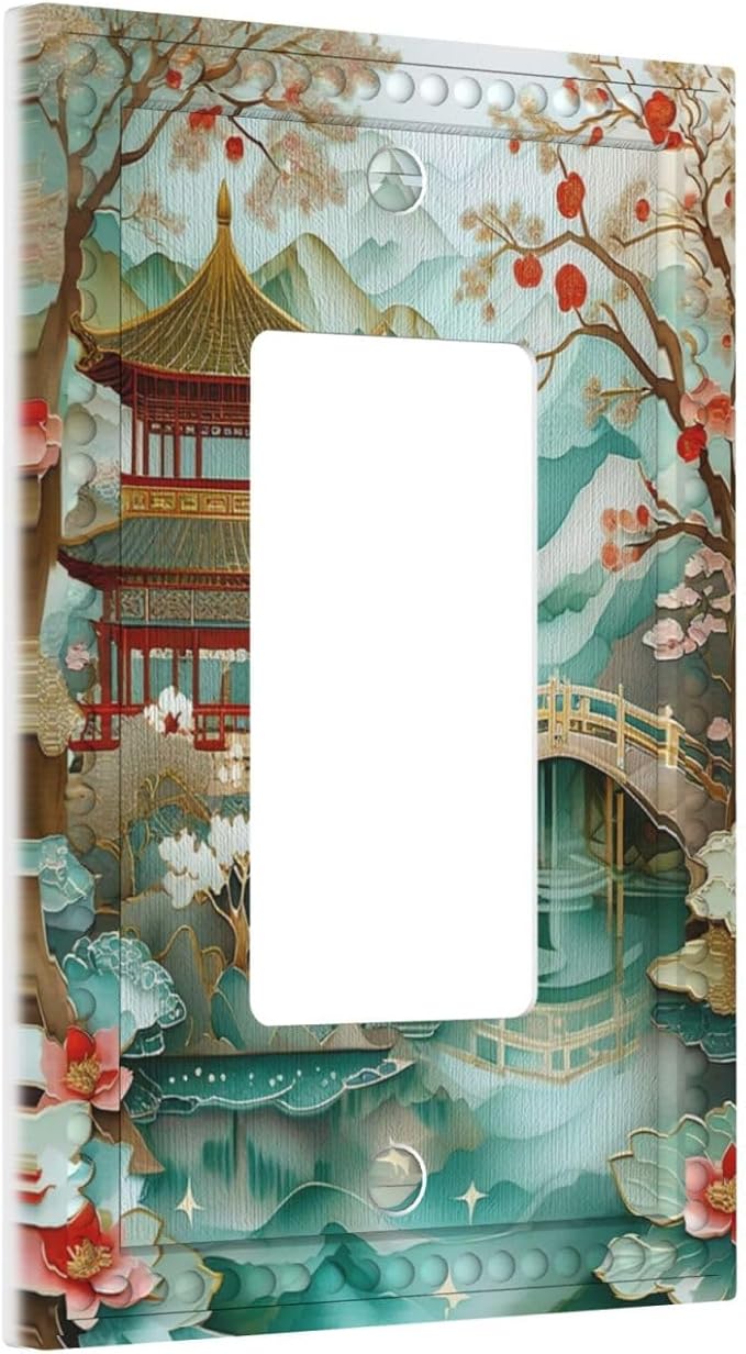 Asian Palace Traditional Bridge Cherry Blossoms Single Decora Outlet Wall Plate 1 Gang Rocker Decorative Switchplate Faceplate GFCI Light Switch Covers for Home Living Decor