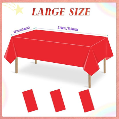 3 Packs Red Disposable Plastic Tablecloth 54 x 108 Inch Waterproof Tablecloths 6FT Rectangle Table Cover for Valentines Day Christmas Thanksgiving Carnival Theme Party Decoration
