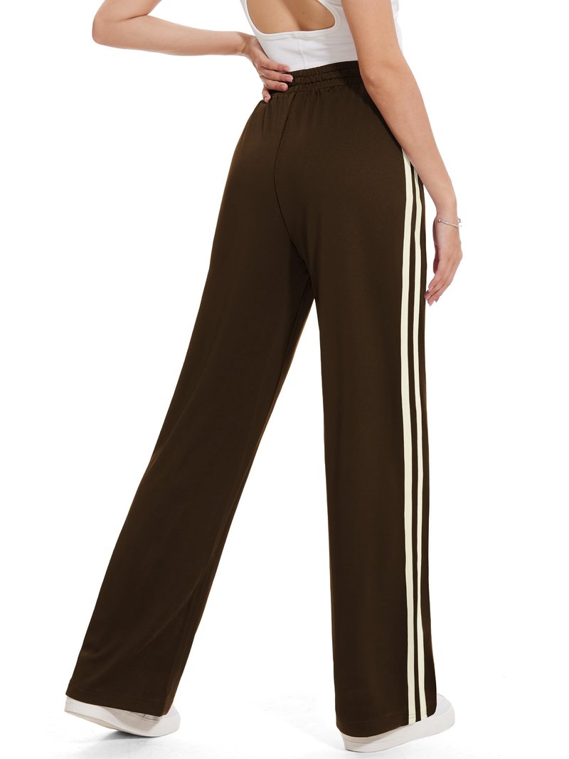 Tapata Tall Womens 34" Inseam Track Pants Relaxed Fit Striped Workout Sweatpants Baggy Trousers with Zipper Pockets, Brown, M