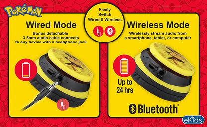 eKids Pokemon Kids Bluetooth Headphones, Wireless Headphones with Microphone Includes Aux Cord, Volume Reduced Kids Foldable Headphones for School, Home, or Travel,Yellow