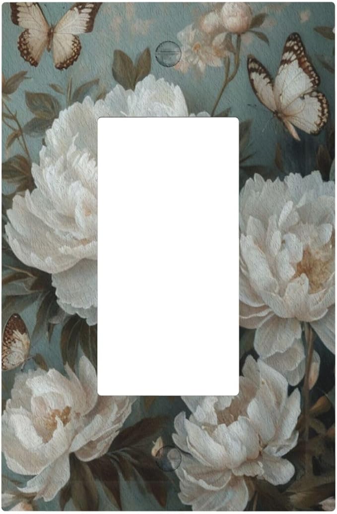 Decorative Art Light Switch Covers Butterflies & Peonies 1 Gang Rocker Outlet Decorative Switch plate Faceplate GFCI Light Switch Covers for Home Decor