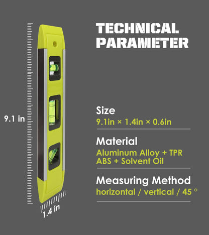 DIFFLIFE Level & Tool Magnetic Aluminum Reinforced Torpedo Level, 9", Green (1PCS)