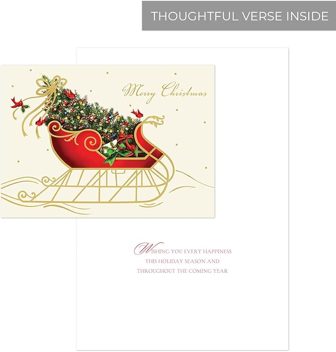 Canopy Street Masterpiece Holiday Sleigh Christmas Cards / 15 Traditional Holiday Cards With Coordinating White Envelopes Set / 5 5/8" x 7 7/8" Winter Greeting Cards With Inside Verse/Made In The USA