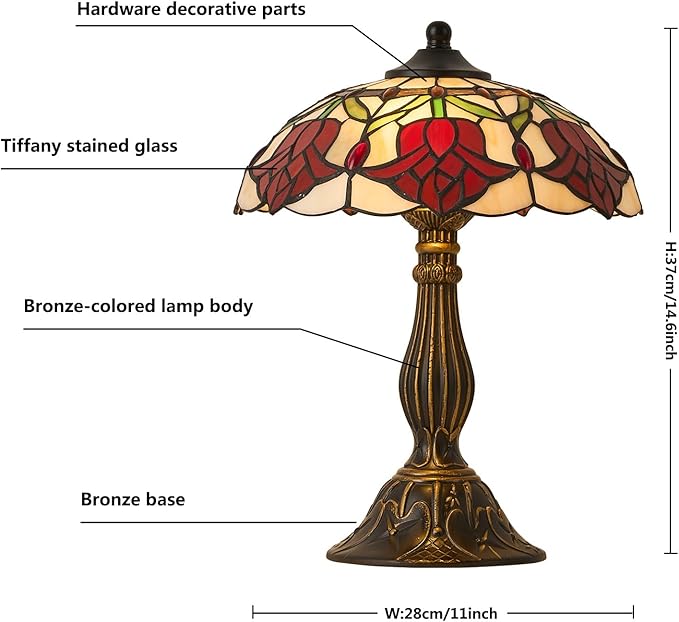 Tiffany Style Table Lamp, Vintage Style Desk Lamp with Stained Glass Shade, Mid Century Modern Bedside Nightstand Decorative Lamps Unique Accent Light for Bedroom Living Room ect