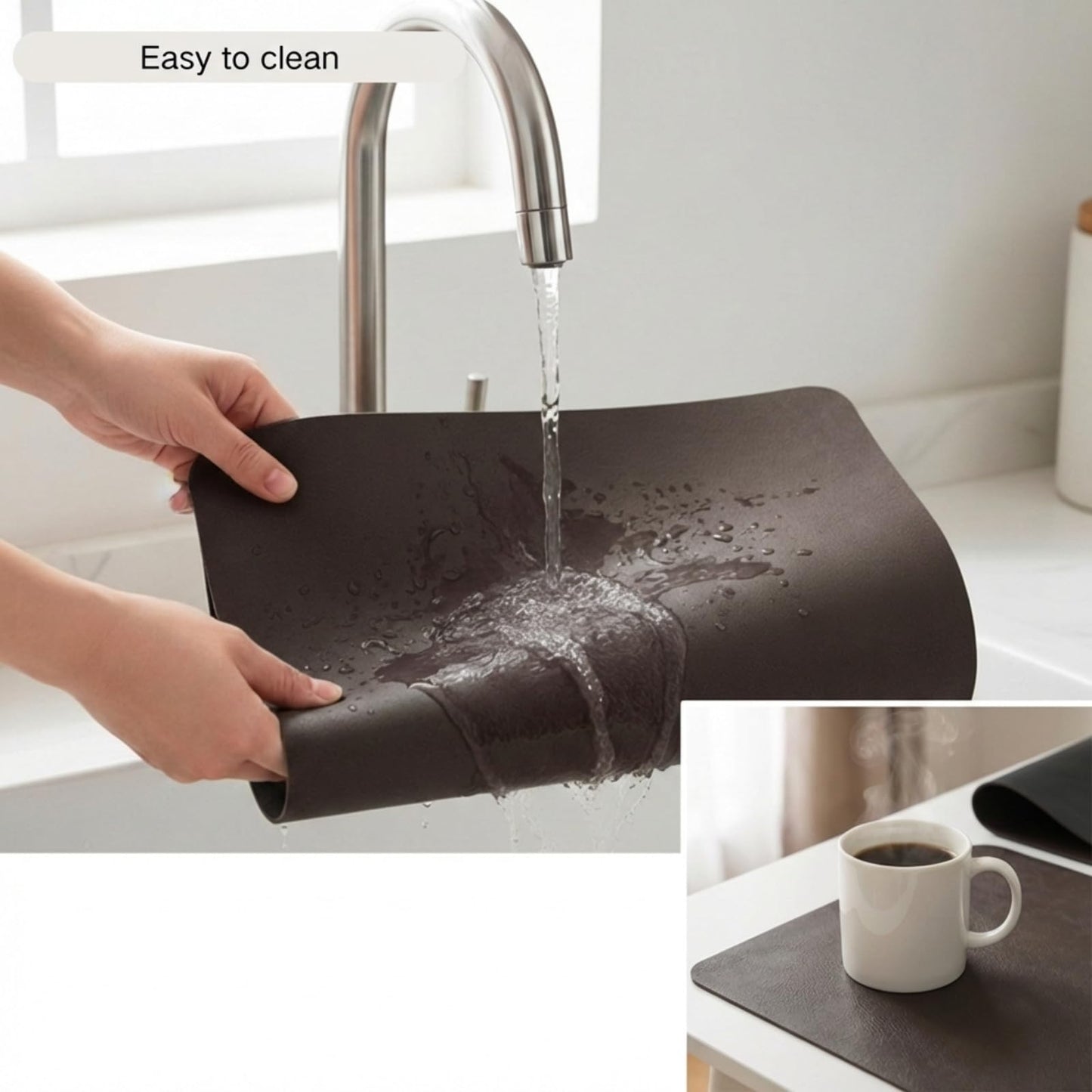 Premium Faux Leather Placemats Set of 6 – Waterproof, Heat-Resistant, Reversible & Non-Slip Table Mats for Kitchen, Dining, Indoor/Outdoor Use (Black & Dark Brown)