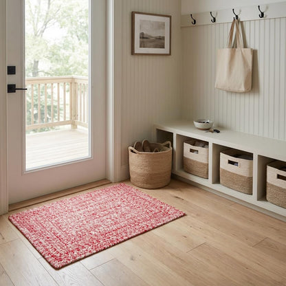Super Area Rugs Farmhouse Braided Rug Cotton Kitchen Reversible Carpet, Red & White, 2' X 3' Rectangle