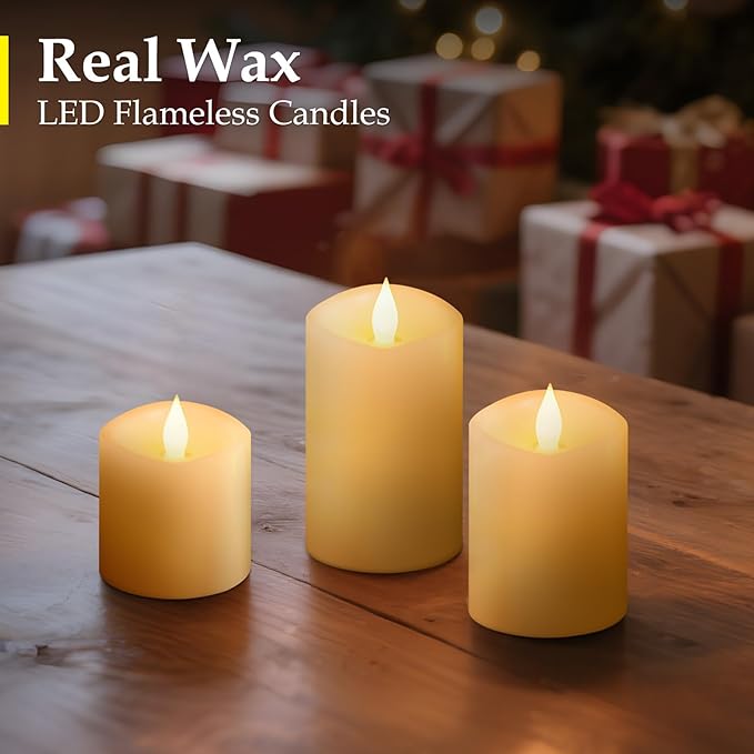 Realistic Flickering LED Flameless Candles with Timer - 3-Pack Battery-Powered Ivory Pillar Candles | Melt-Proof Plastic | Safe for Indoor/Outdoor Wedding, Birthday & Home Decor (3/4/5in Sizes)