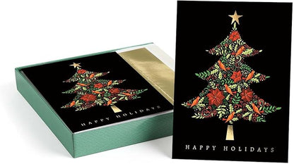 Masterpiece Tapestry Christmas Tree Cards / 16 Winter Holiday Cards Set With Gold Foil Accents And Coordinating Gold Foil Lined White Envelopes / 5 5/8" x 7 7/8" Folded Greeting Cards With Inside Verse