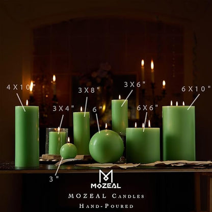 MOZEAL 3" x 4" Hand-Poured Unscented Candle,Dripless Pillar Candle Set of 3,Long Clean Burning,Approx 72 Hours Burn Time,Rustic Country Style,Wedding,Dinner,Christmas and Home Decor,Green