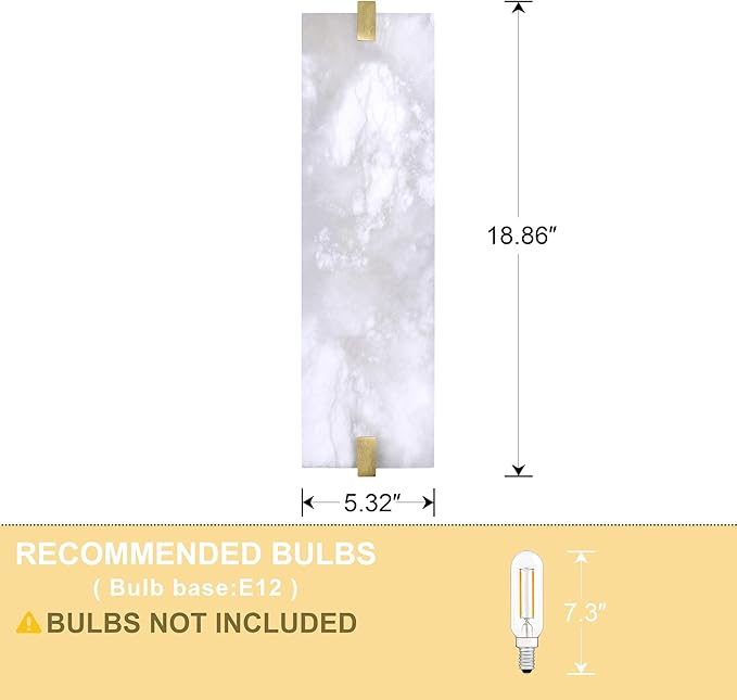 2 Pack 2 Light Square 18.86" Alabaster Marble Bathroom Wall Sconce Modern Concise Style Wall Light Fixture,Gold Finish for Bedroom Hallway Bedside